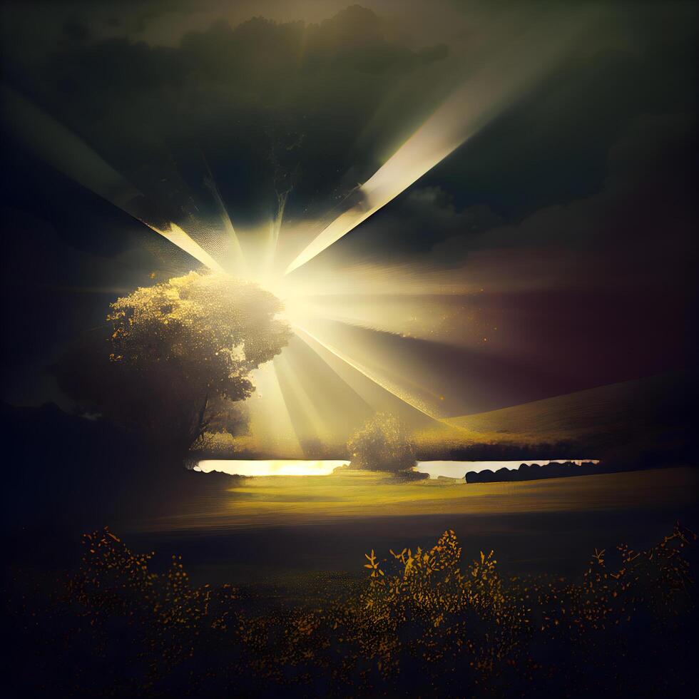 Sunset over the lake with trees and rays of light, illustration, Image photo