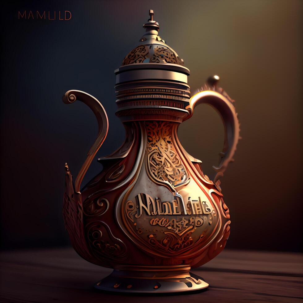 Kettle with the inscription in Arabic on a dark background. 3d rendering, Image photo