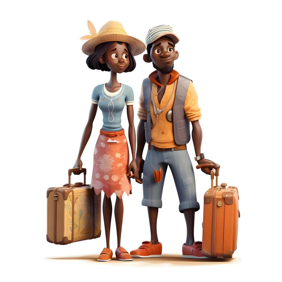 3d illustration of a couple of tourists with backpacks and hats, Image photo