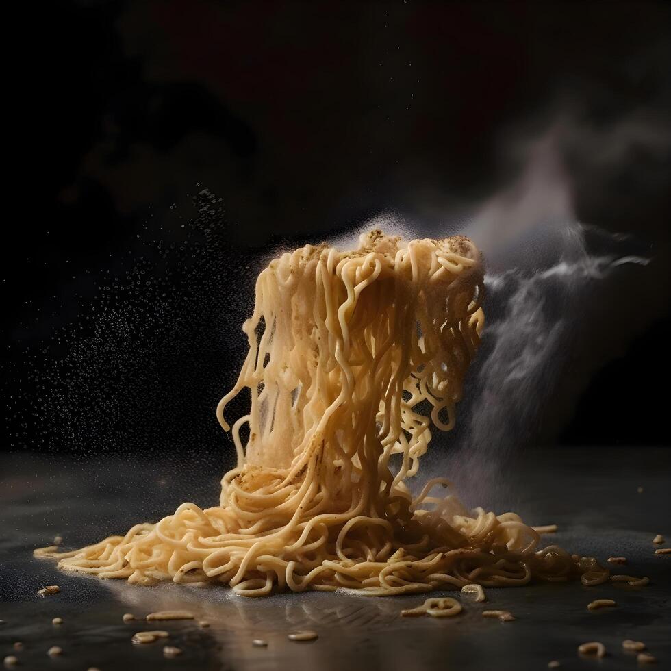 Dry instant noodles in a bowl with flour on a black background, Image photo
