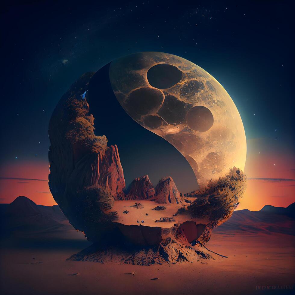 Fantasy landscape with planet and moon. 3D illustration. Elements of this image furnished by NASA, Image photo