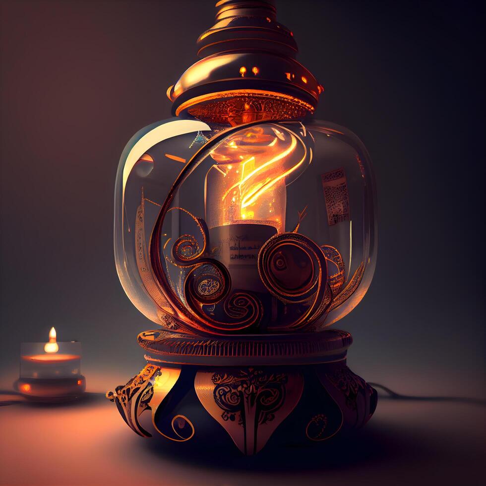 Lantern with a burning candle in the dark. 3d rendering, Image photo