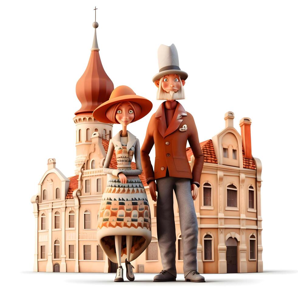 3D Render of Cartoon Tourist Couple with map and backpack, Image photo