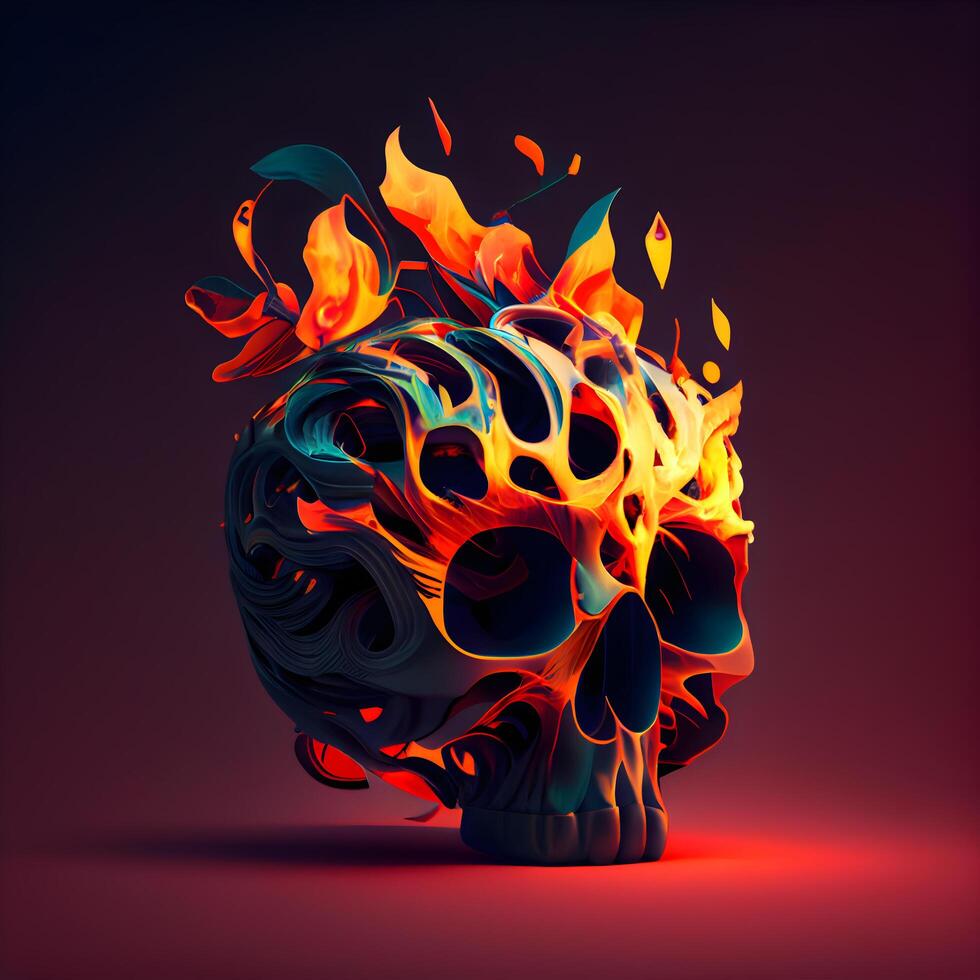 cráneo con fuego en oscuro antecedentes. 3d ilustración., ai generativo imagen foto