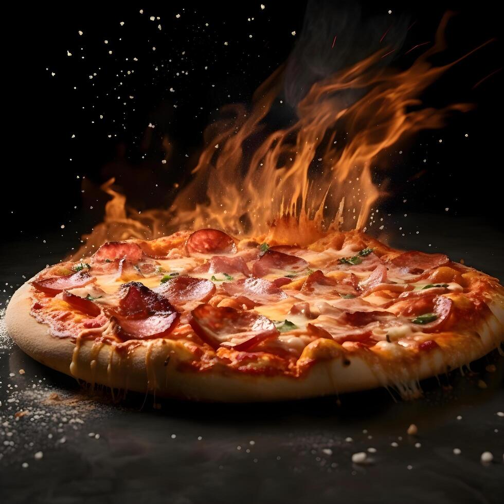 Pizza with sausage and mozzarella on a dark background., Image photo