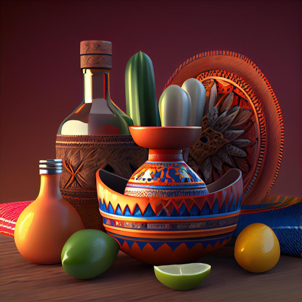 Mexican food concept with tequila bottles and fruits on wooden table, Image photo
