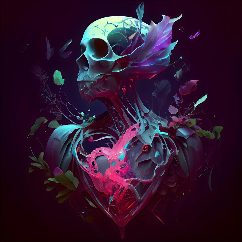 Skull in the form of a heart on a dark background., Image photo