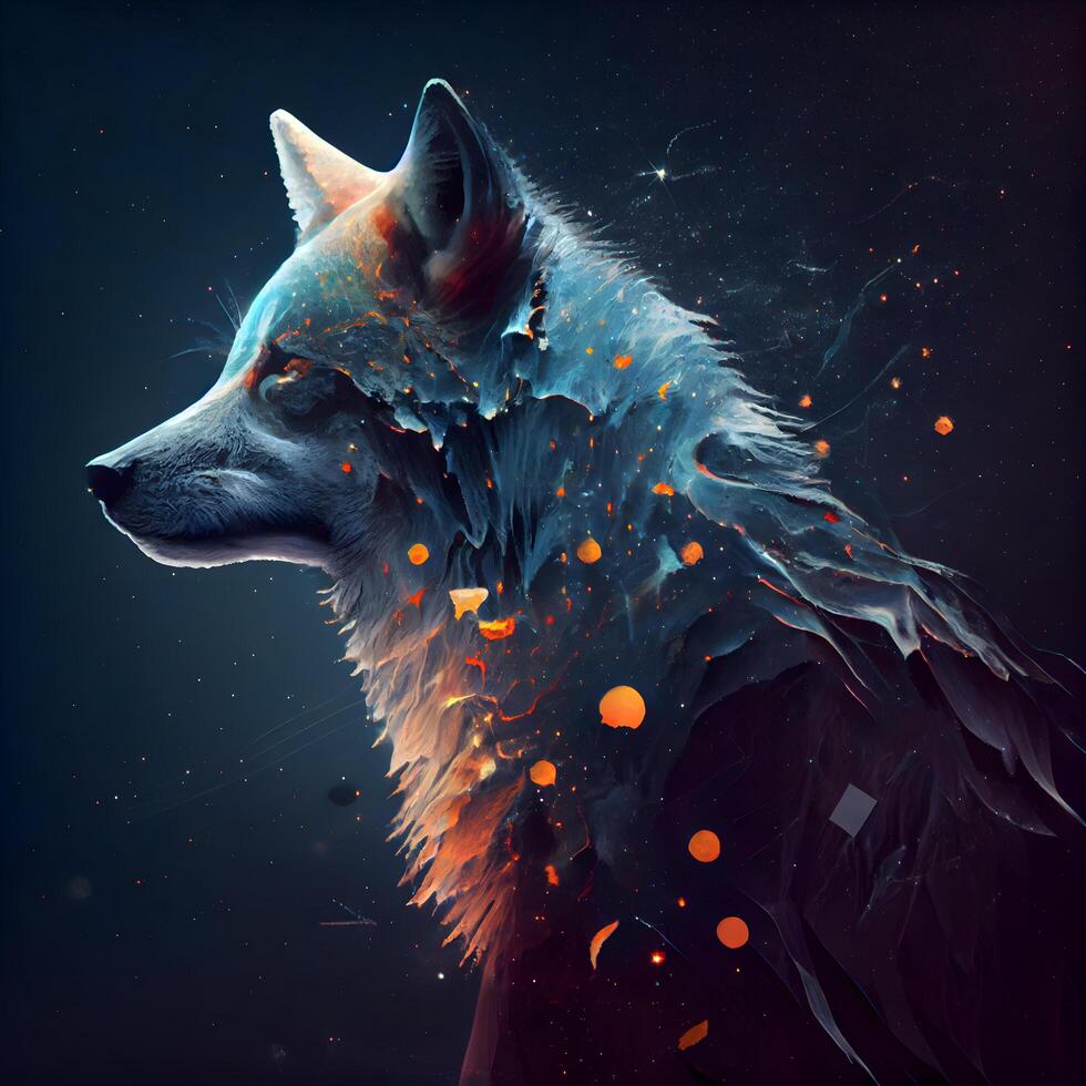 Digital painting of a wolf with colored splashes on a black background