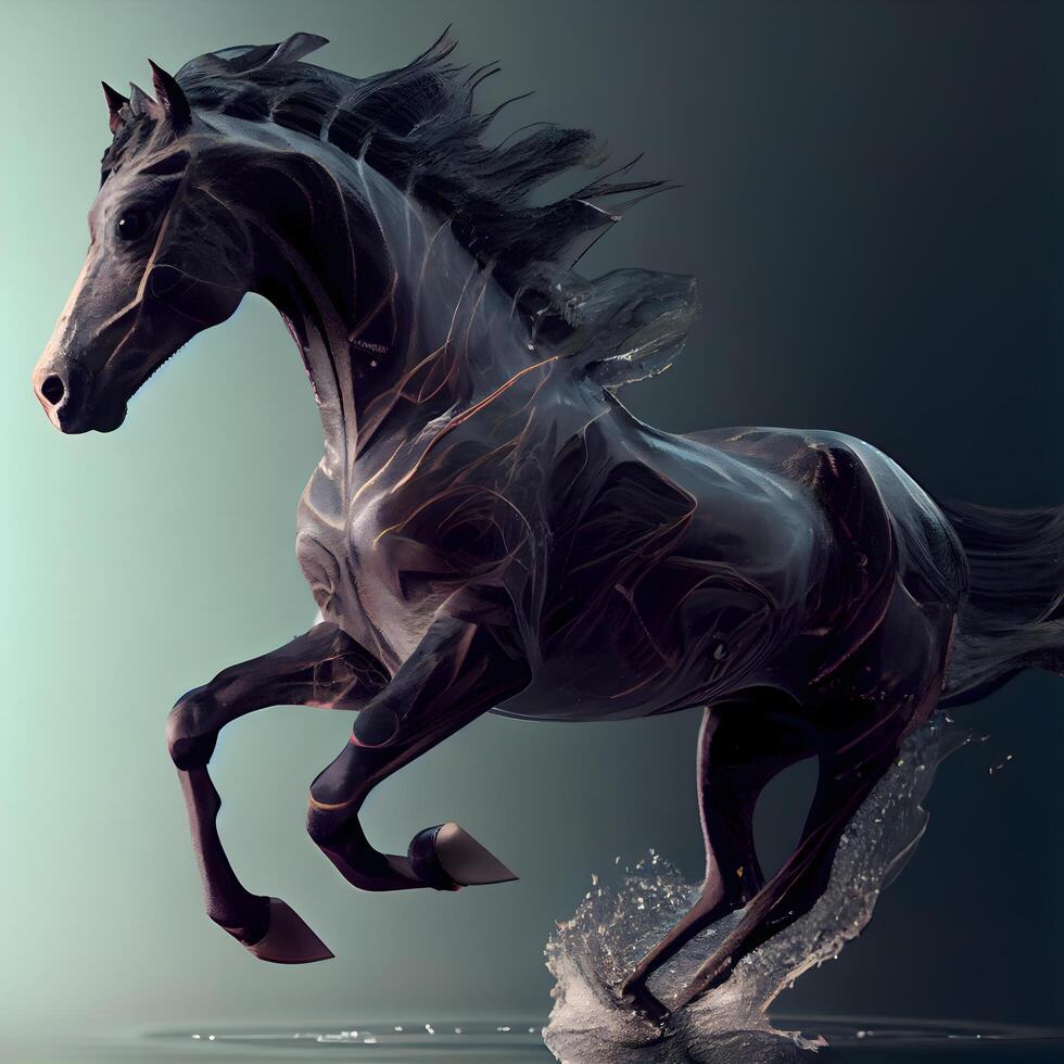 Black horse with black mane running in water. 3D rendering, Image photo