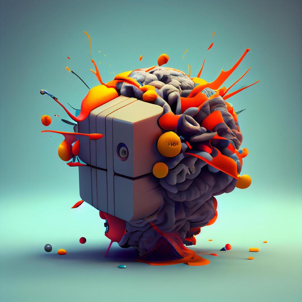 3D rendering of an old computer brain with a colorful splash coming out of it., Image photo