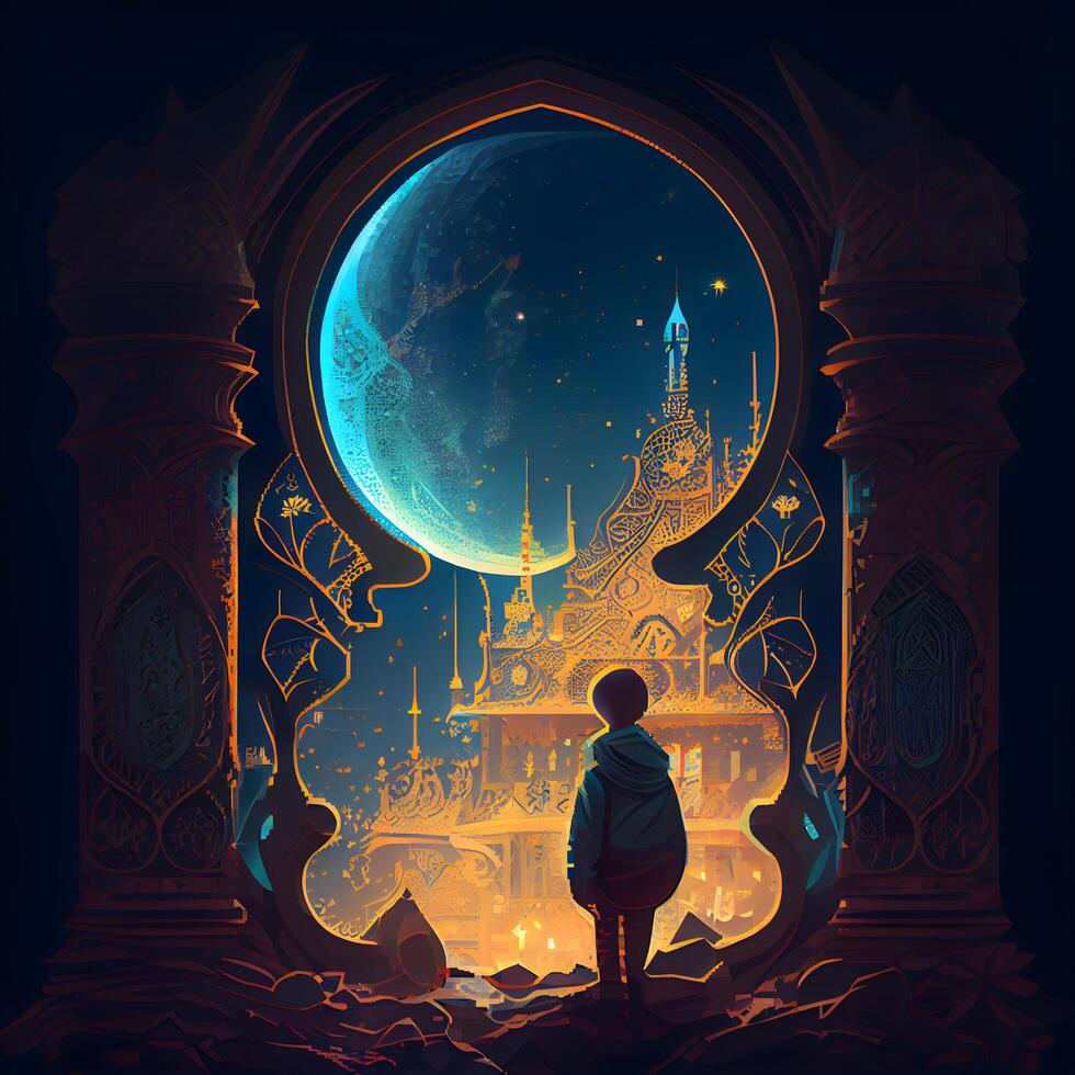 Muslim boy in front of the mosque. Ramadan Kareem background., Image photo