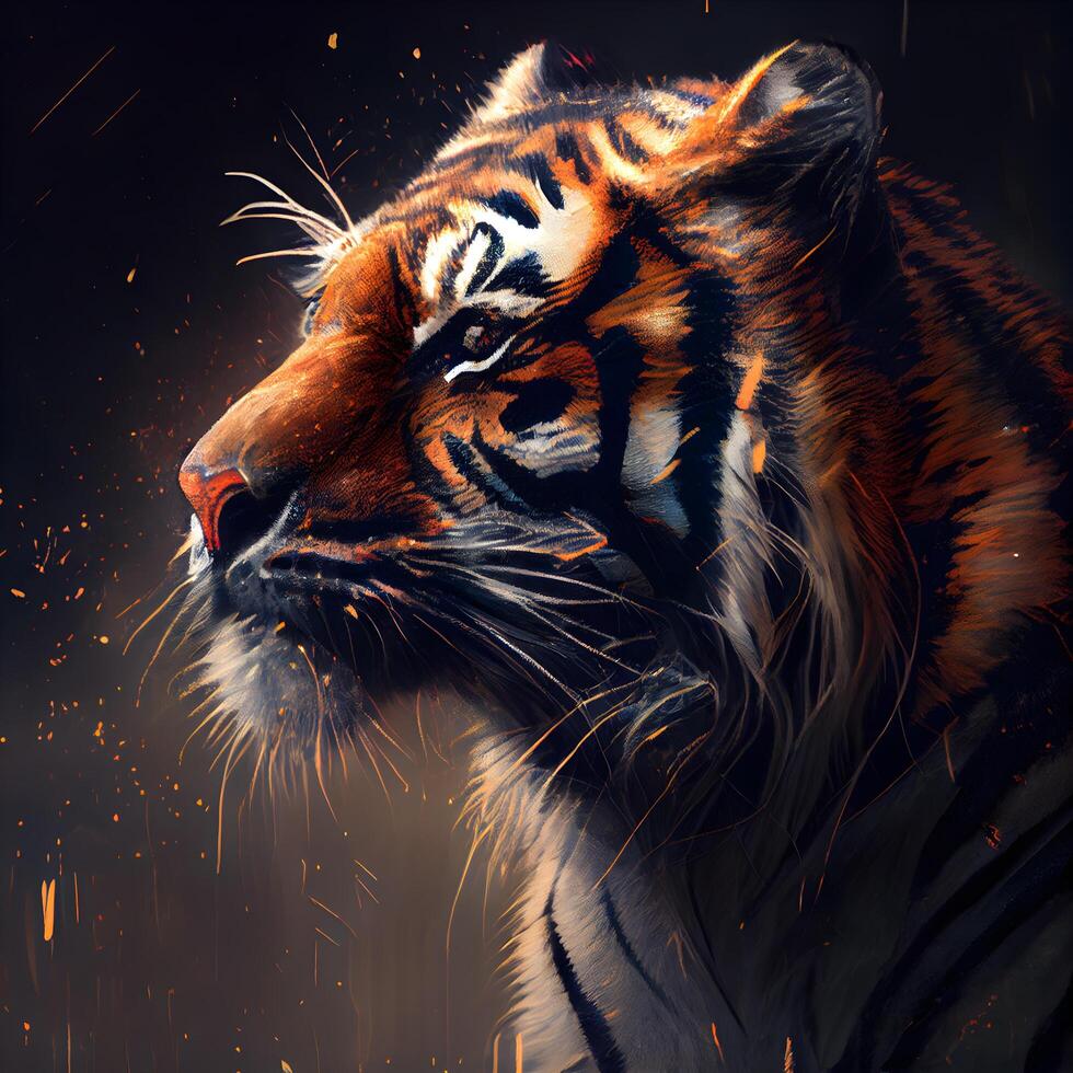 Siberian Tiger - digital painting of a tiger with fire effect, Image photo