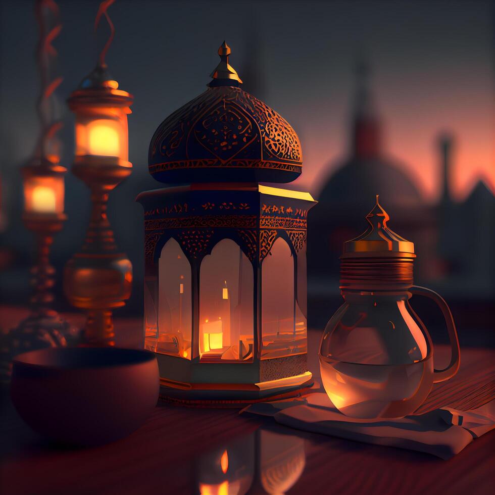 Ramadan Kareem background. Ramadan lanterns and mosque in the background., Image photo