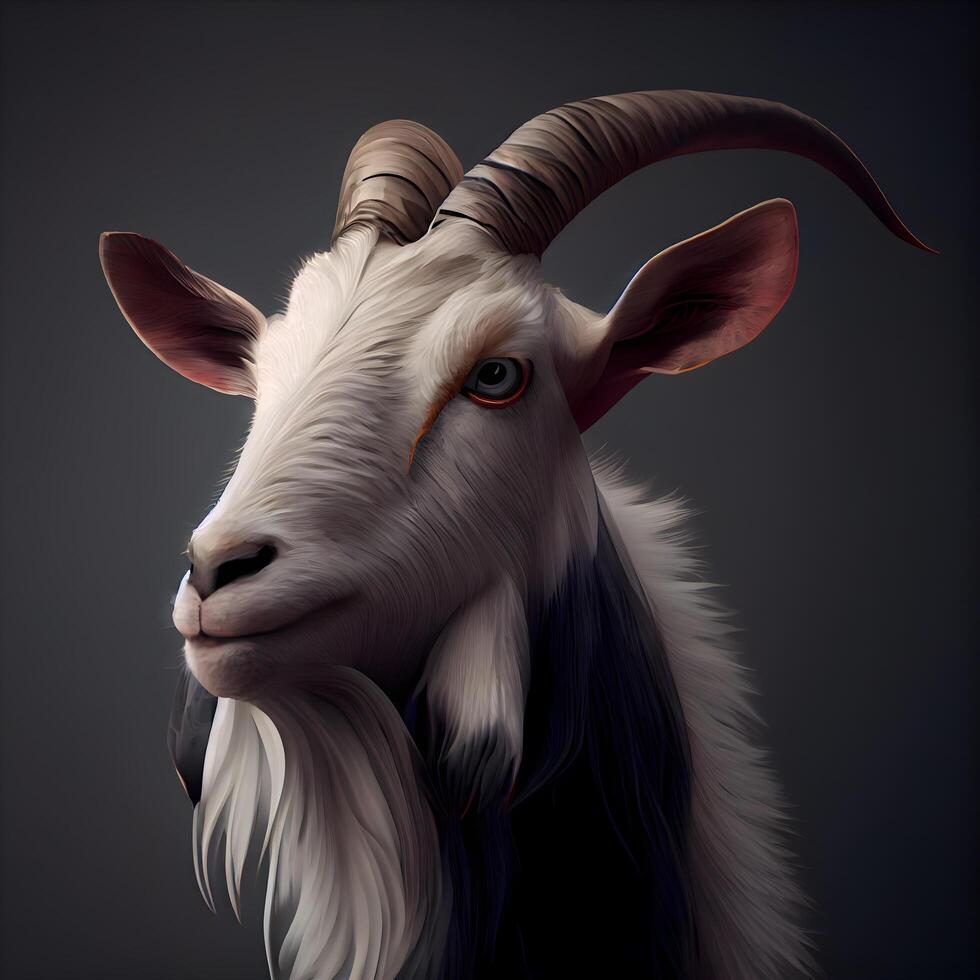 Portrait of a goat with big horns on a dark background., Image photo