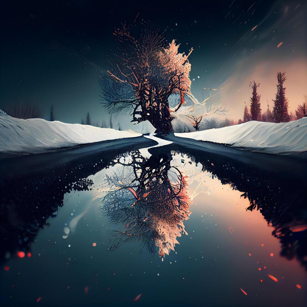 invierno paisaje con un árbol y reflexión en agua. 3d prestar, ai generativo imagen foto