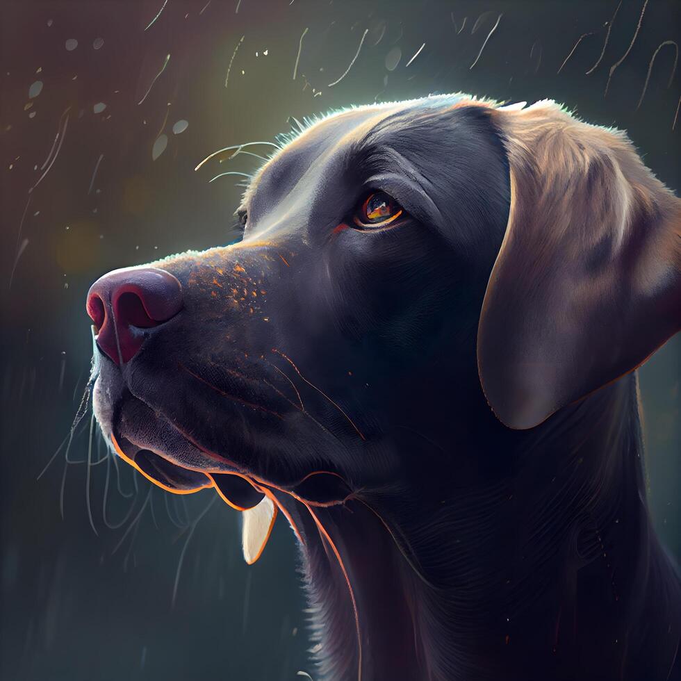 Black labrador retriever dog in the rain on a dark background, Image photo