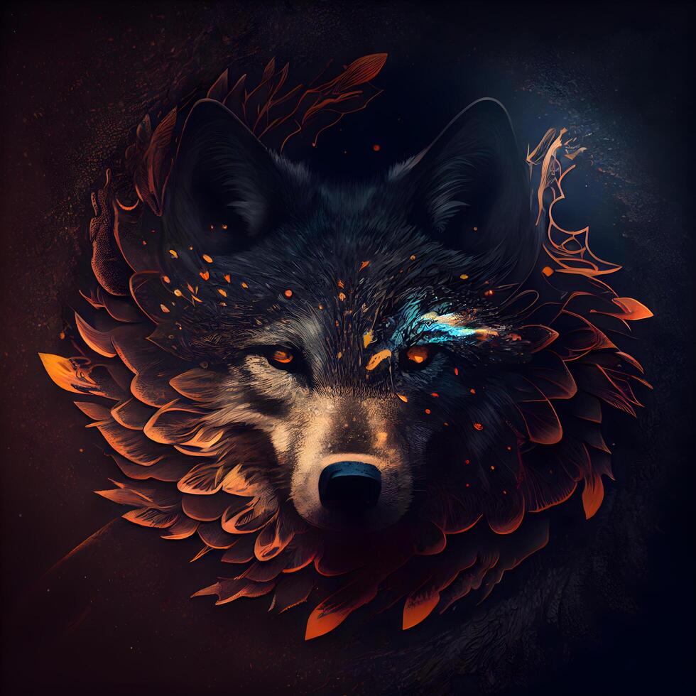 Portrait of a wolf with fire and smoke on a dark background., Image photo