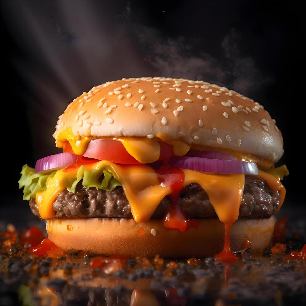 Hamburger on a black background with smoke. Copy space., Image photo