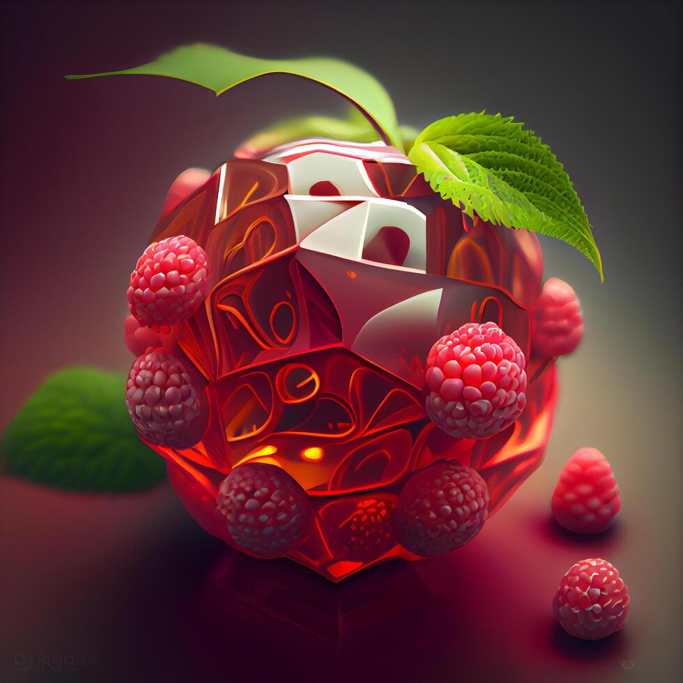 Red dice and raspberries on a dark background. 3d illustration, Image photo