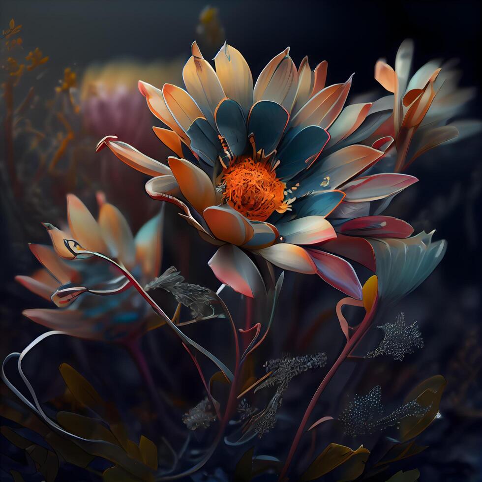 digital 3d ilustración de un flor en un fantasía paisaje, ai generativo imagen foto