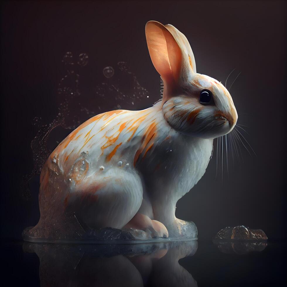White rabbit with drops of water on a black background. 3d rendering, Image photo