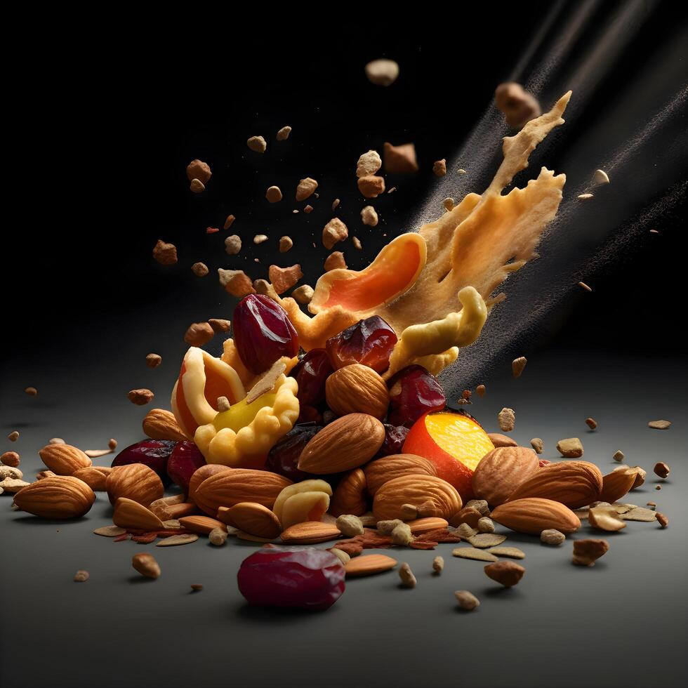 Nuts falling on a black background. Concept of healthy eating., Image photo