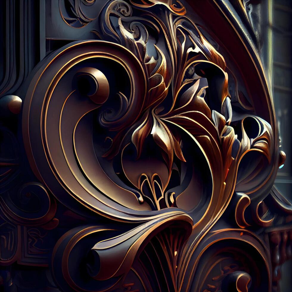 3D render of metal background with embossed ornament on wood, Image photo