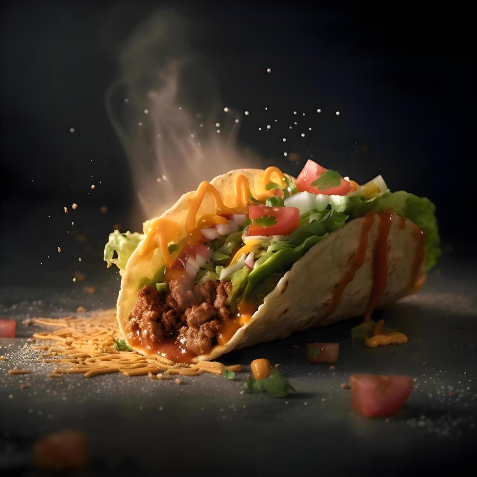 Tacos with meat and vegetables on a black background. Mexican food, Image photo