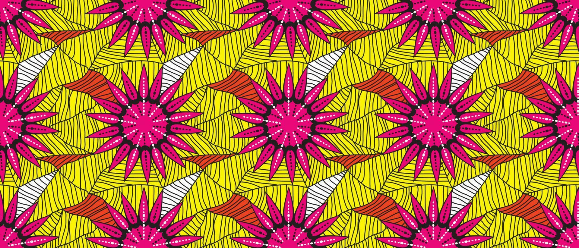 African ethnic yellow pattern. seamless beautiful Kitenge, chitenge, Ankara style. fashion design in colorful. Geometric triangle abstract motif. Pink Floral flowers, African wax prints vector