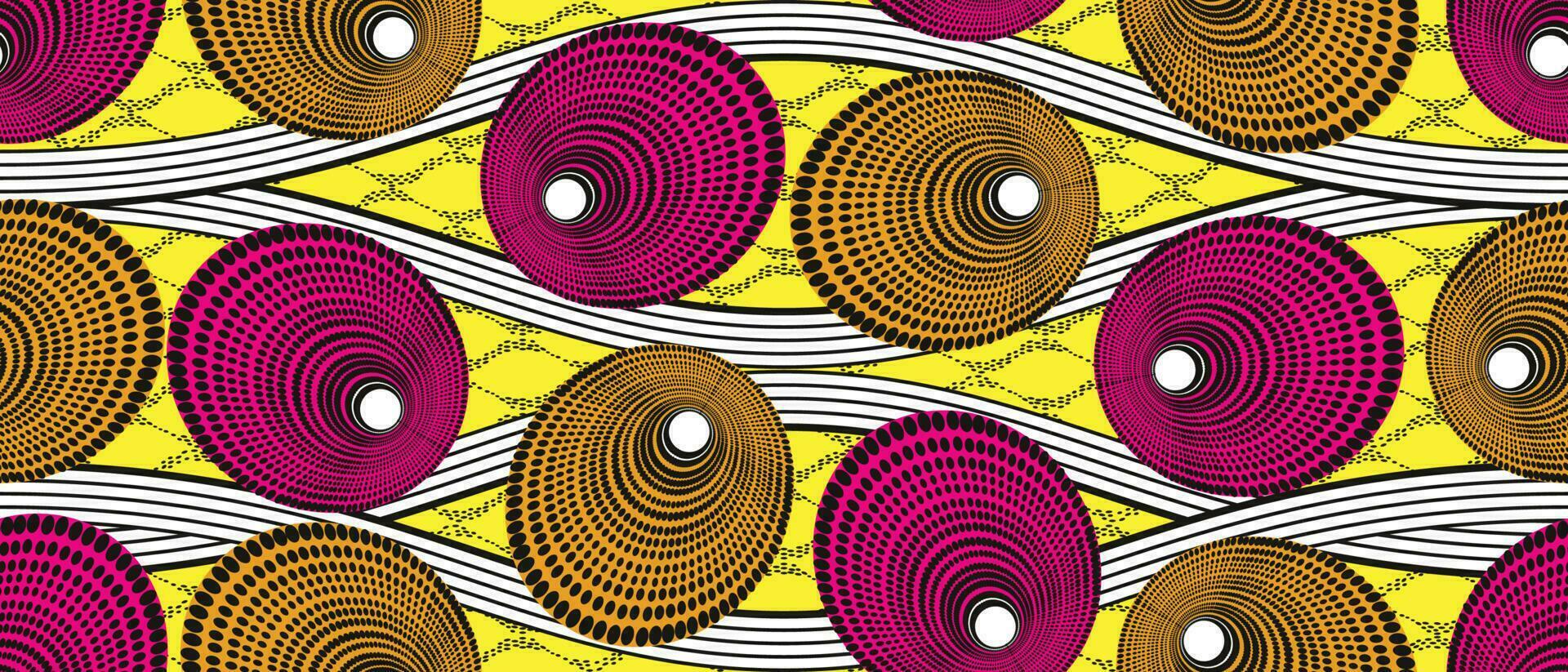 africano étnico tradicional amarillo modelo. sin costura hermosa cometa, Chitenge, ankara estilo. Moda diseño en vistoso. geométrico circulo resumen motivo. curvilíneo ola línea, africano cera huellas dactilares vector