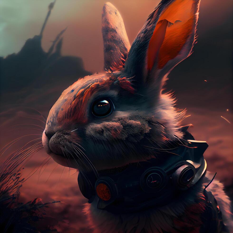 rabbit with gas mask on the background of a burning forest., Image photo