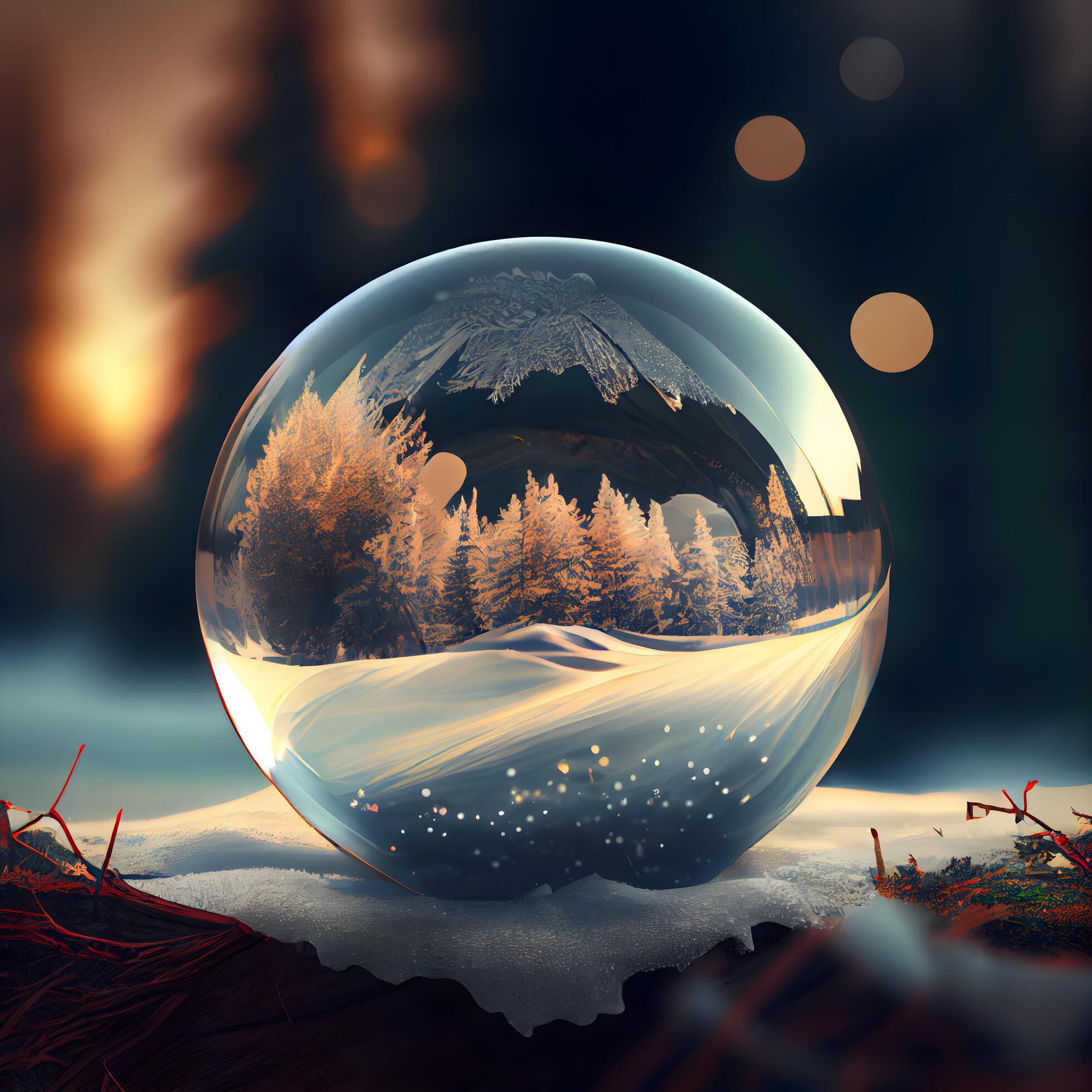 Snow globe with forest in the background. Winter landscape. 3d render