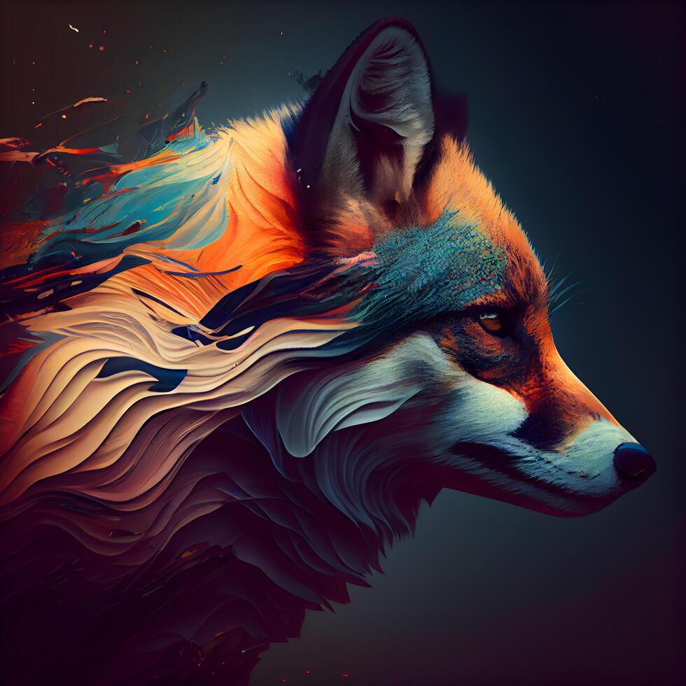 Digital painting of a fox head with colorful paint splashes on a dark background, Image photo