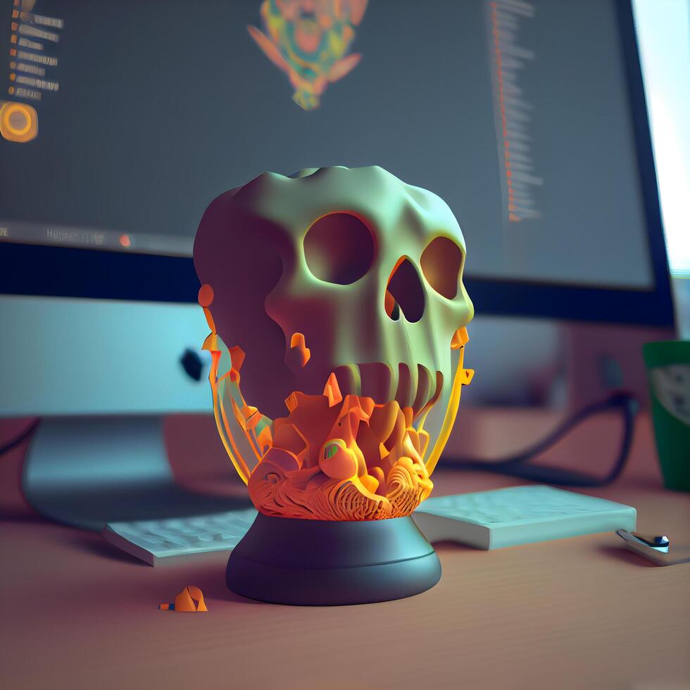 Skull and computer monitor in the office. 3D rendering., Image photo