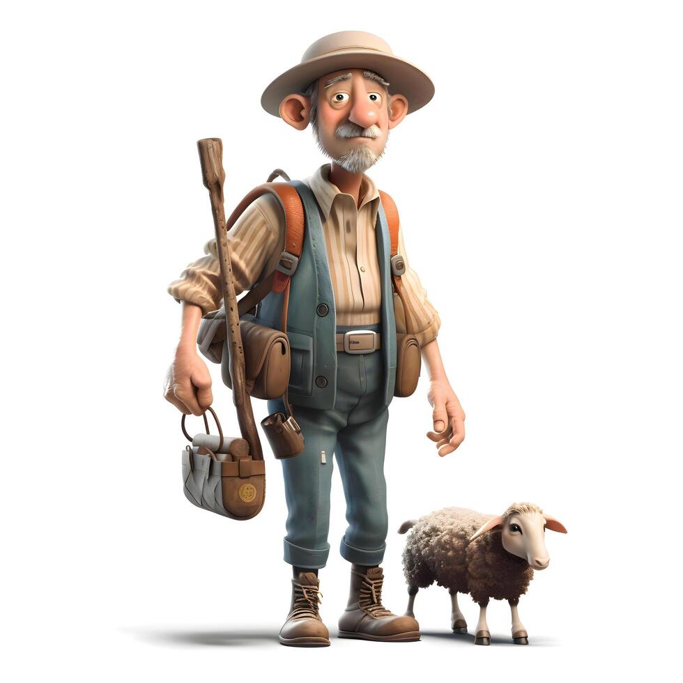 Old farmer with sheep isolated on white background. 3d illustration., Image photo