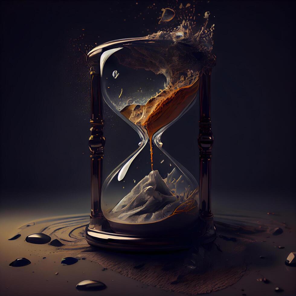 Hourglass with flowing sand on dark background. Concept of time and deadline, Image photo