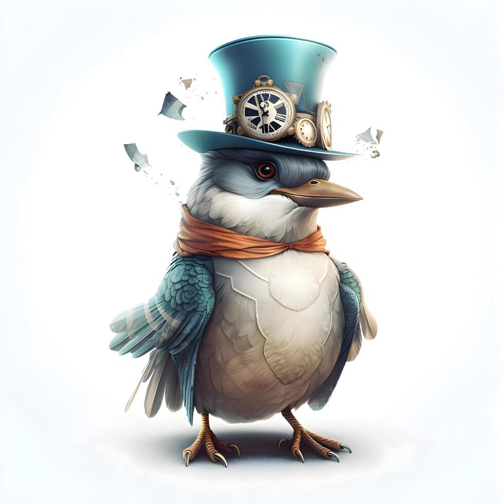 Cute bird in a hat with a clock and a bow tie, Image photo