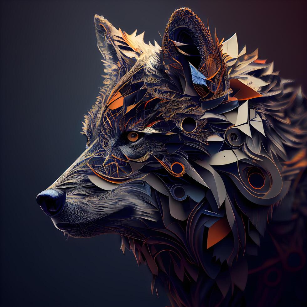 Illustration of wolf head with geometric ornament on black background. 3D rendering., Image photo