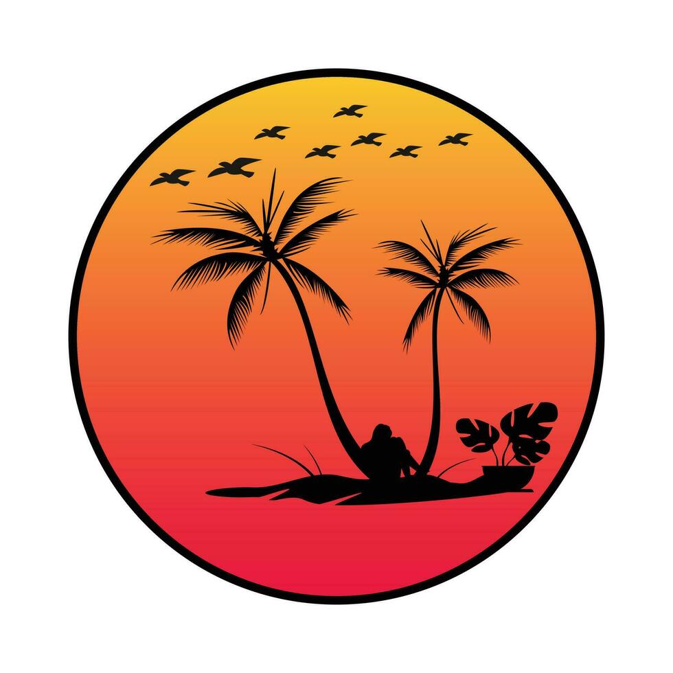 Tropical sunset with palm trees logo, alone men vector illustration