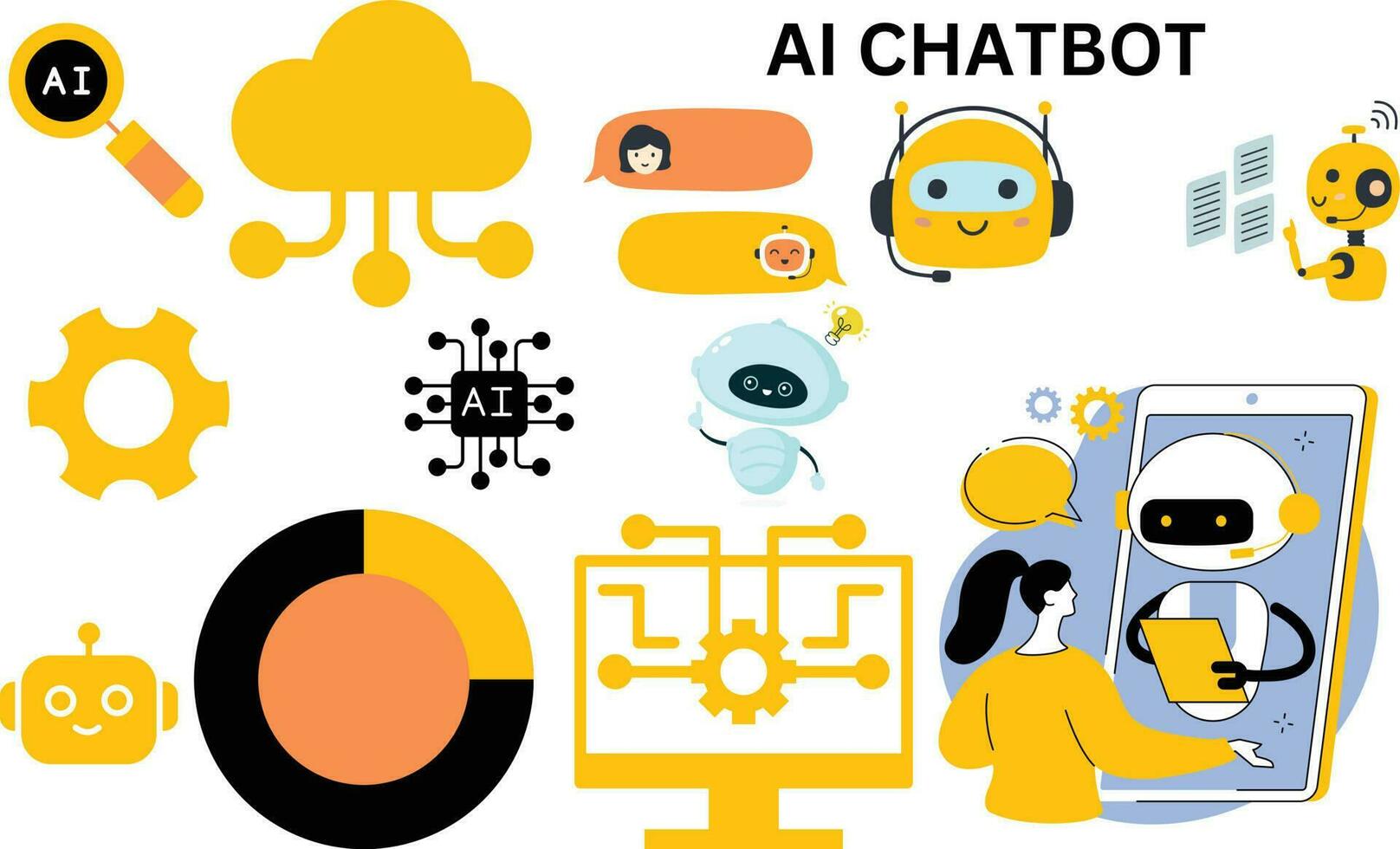 AI chat service using Customer having Dialog with Chat Bot on Smartphone. Man Character Chatting with Robot. Artificial Intelligence and AI Chatbot in Marketing Concept. vector