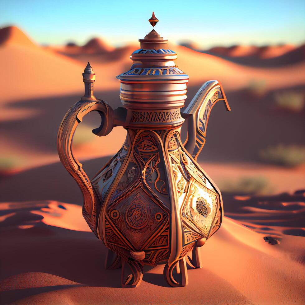 Arábica tetera en el desierto. 3d representación., ai generativo imagen foto