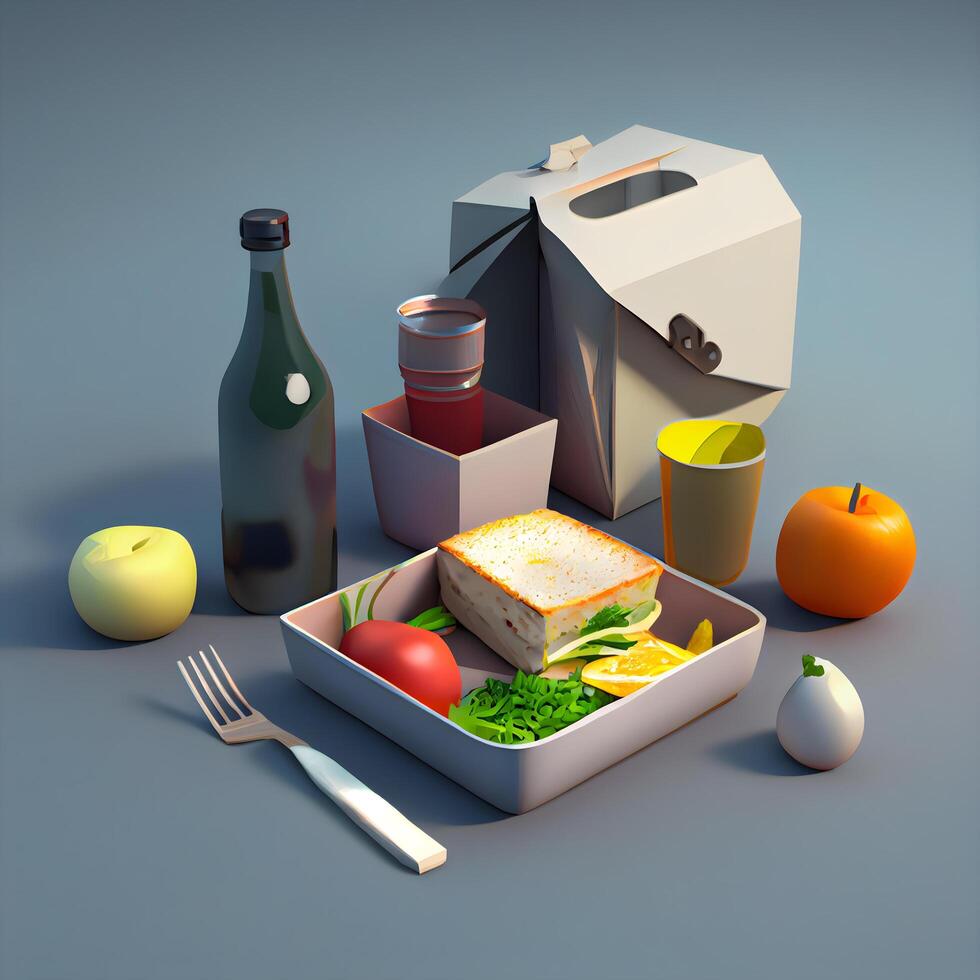 Healthy lunch box with food and drinks. 3d illustration., Image photo