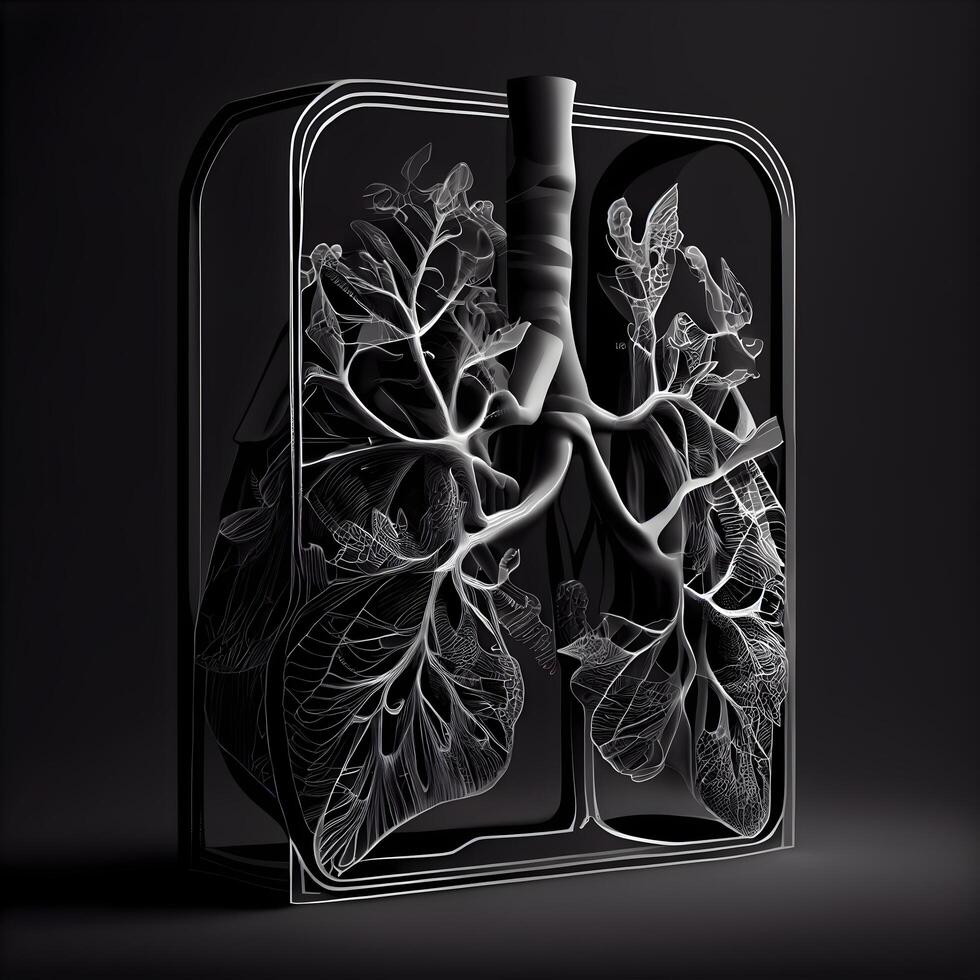 Illustration of a human lungs in a glass box on a dark background, Image photo