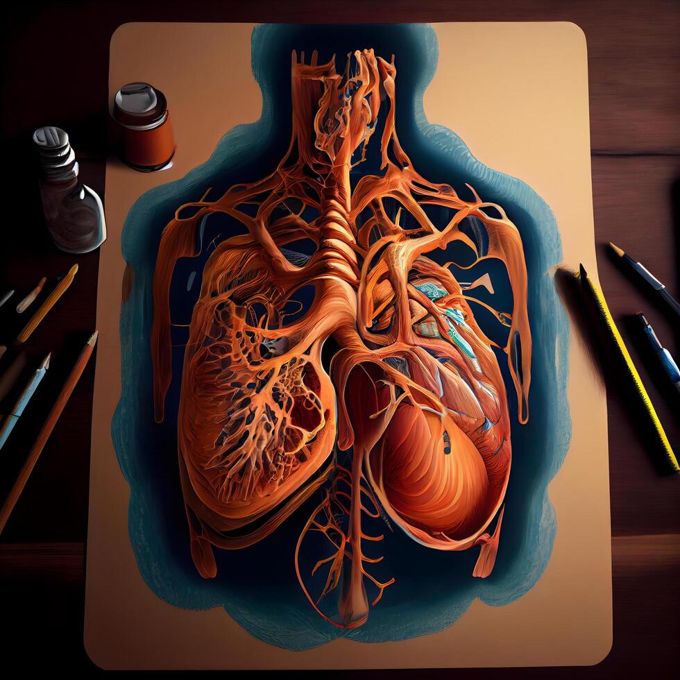 Human heart. 3D illustration. Top view. Medical background., Image photo