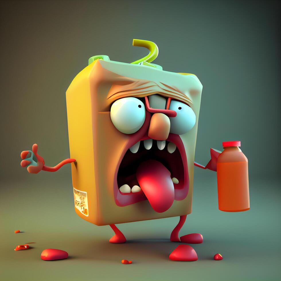 Cartoon bottle of milk with angry expression. 3D illustration., Image photo