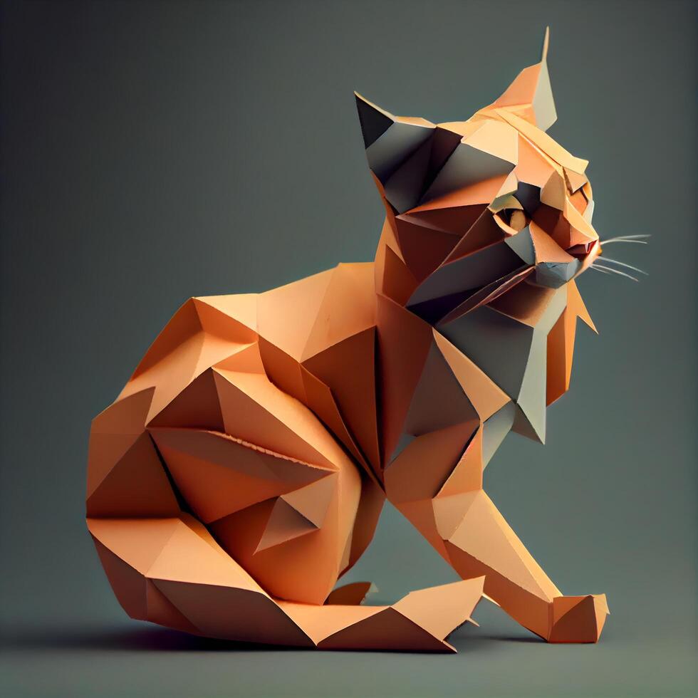 Stylized origami cat on a gray background. 3d rendering, Image photo