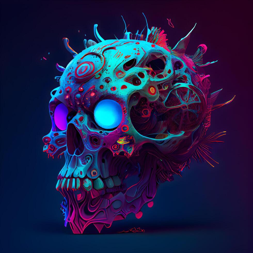 Skull with colorful pattern on dark background. 3D illustration., Image photo