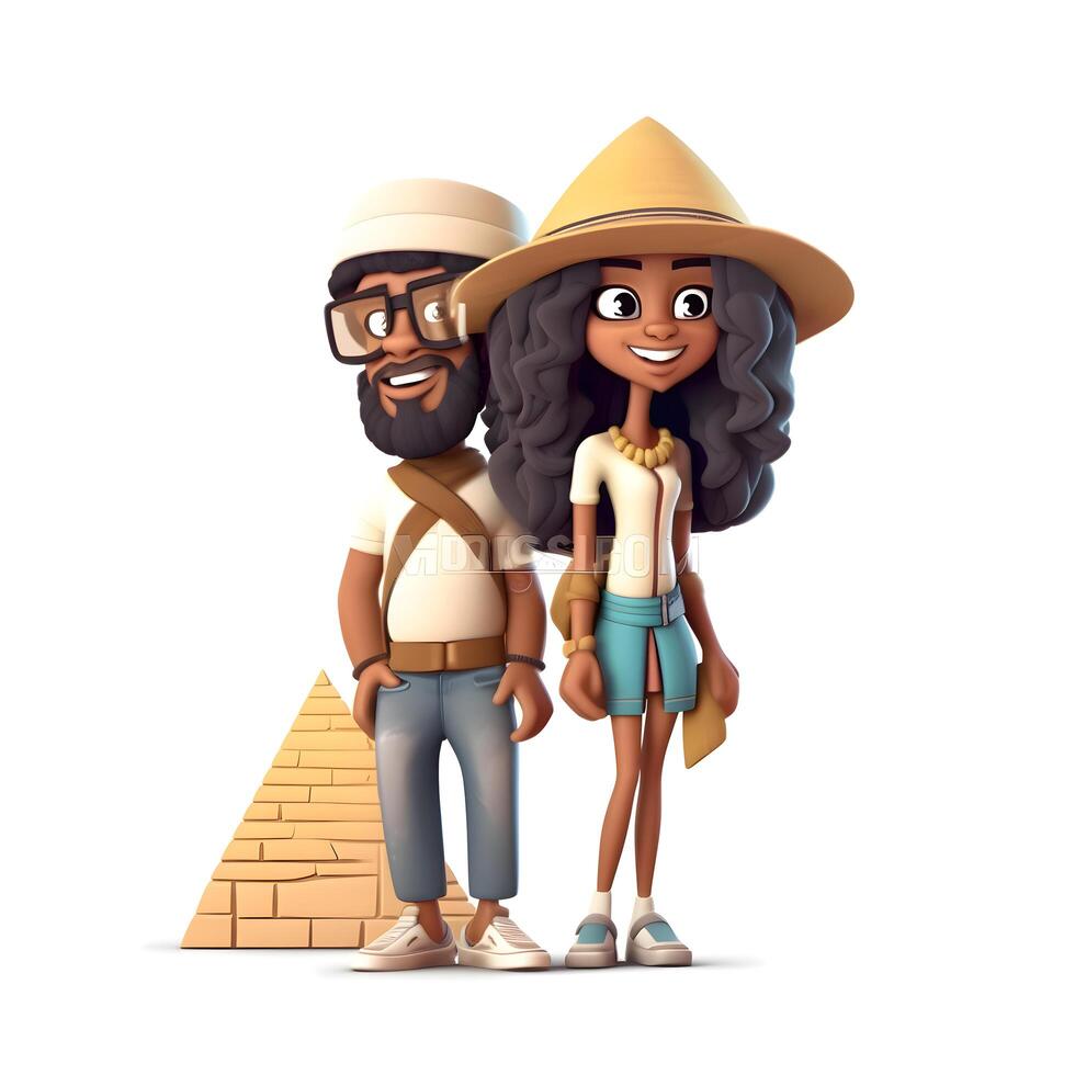 Happy African American couple with luggage on white background. 3D rendering., Image photo