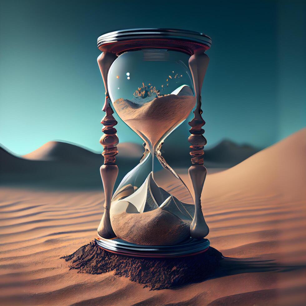 Hourglass in the desert. 3d render. Time concept., Image photo