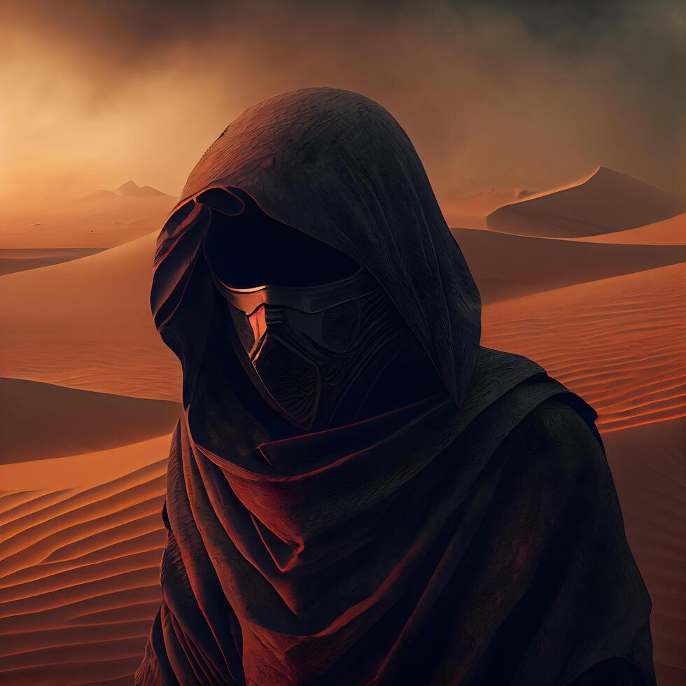 Hooded man in the desert. 3d rendering, 3d illustration., Image photo